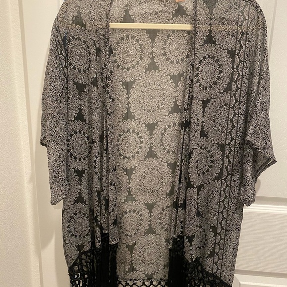 Black and Gray Sheer Kimono with Fringe - Picture 1 of 4